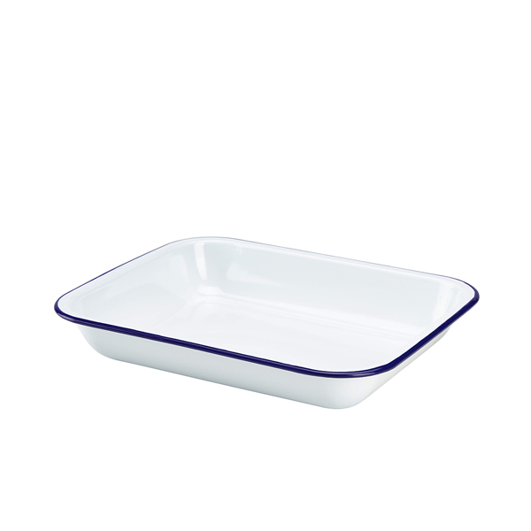 Enamel Baking Tray, white with blue rim - 31 x 25 x 5cm Enamel Baking Tray, white with blue rim - 31 x 25 x 5cm