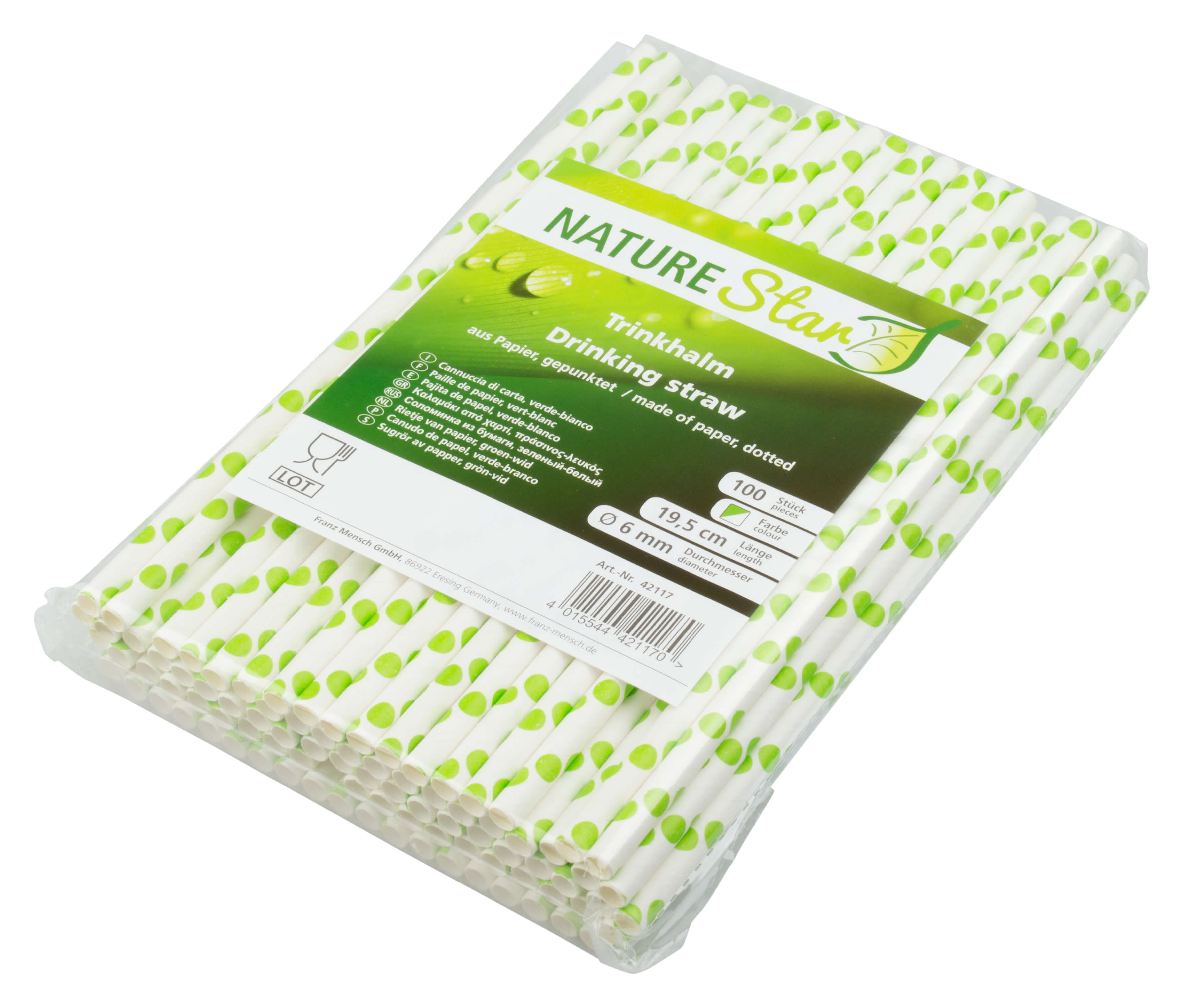 ECO Drinking straws, paper (195x6mm), spots (green-white) - 100 pcs.