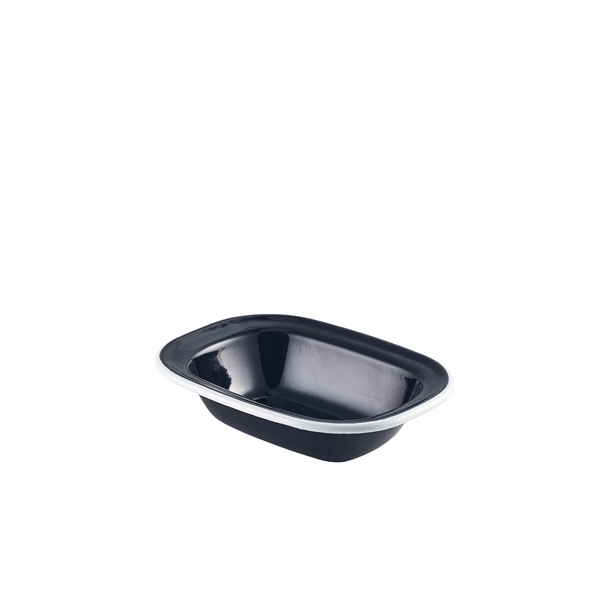 Enamel bowl rectangular, black with white rim - 16 x 12 x 3,5 cm (12 pcs.)