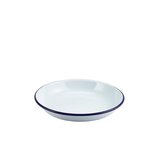 Enamel plate deep / Pasta plate, white with blue rim - 20cm Enamel plate deep / Pasta plate, white with blue rim - 20cm