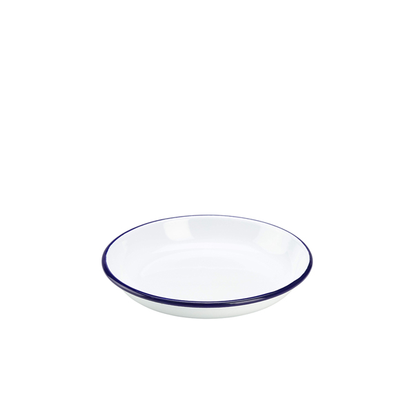 Enamel plate deep / Pasta plate, white with blue rim - 18cm Enamel plate deep / Pasta plate, white with blue rim - 18cm